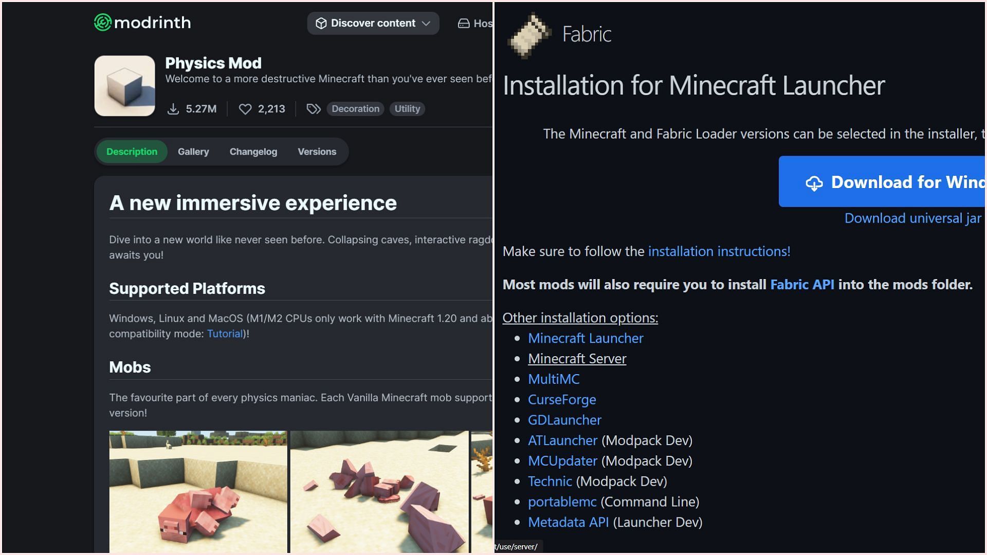 Download Physics mod and install Fabric mod loader (Image via Modrinth/haubna || Fabric)